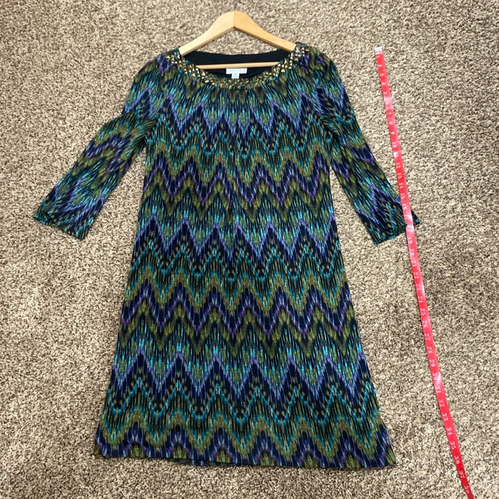 London Times, bell-sleeve, lined, size 8, chevron knee-length dress